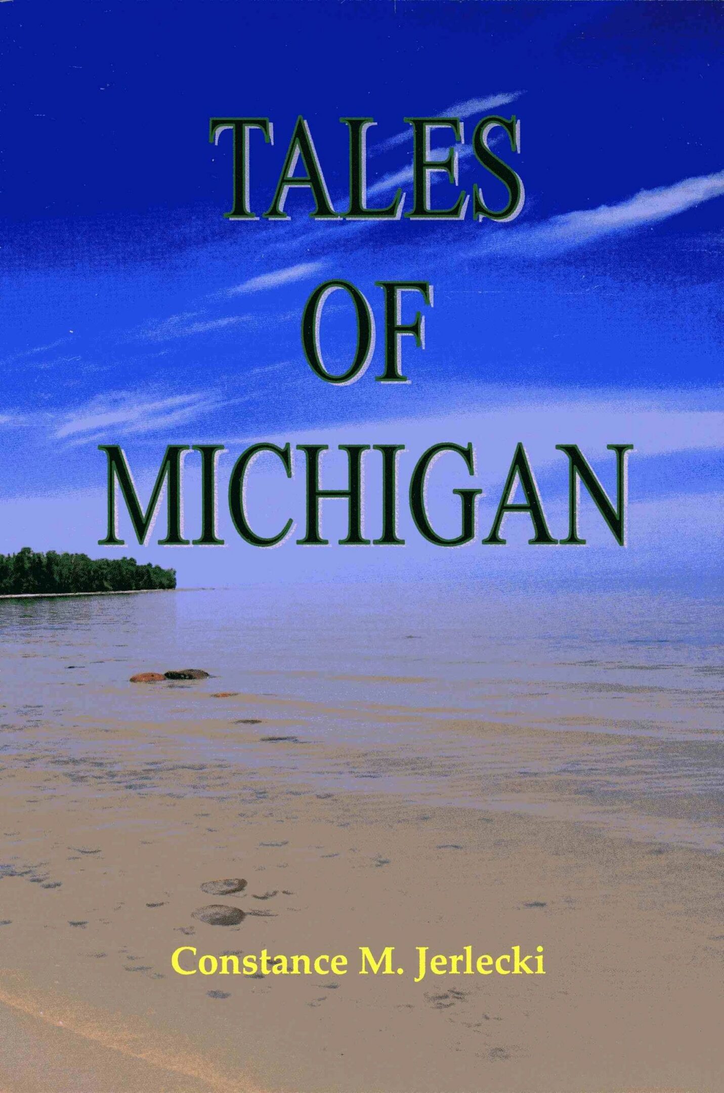 Book cover: Tales of Michigan, beach background.
