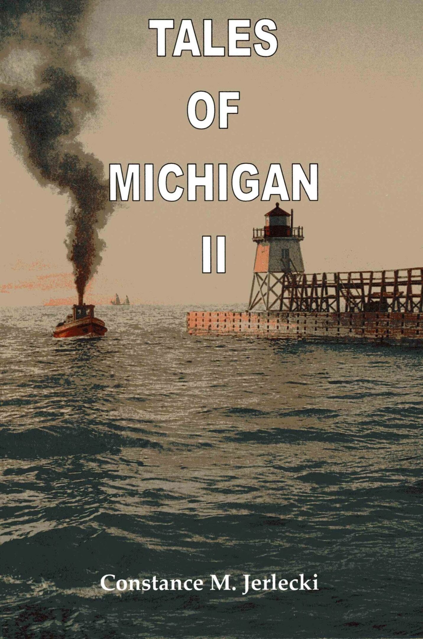Steamboat near lighthouse, "Tales of Michigan II".