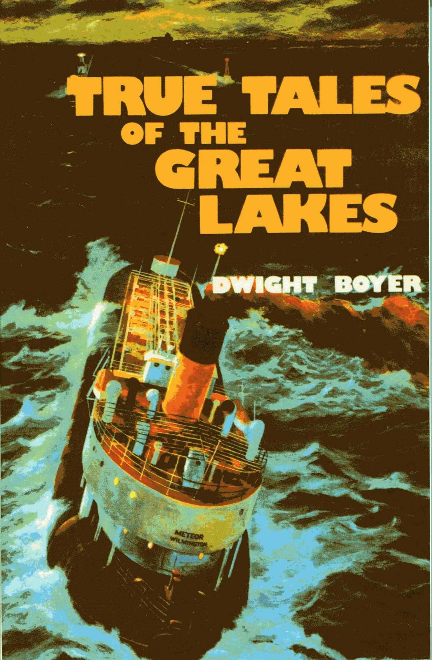 Ship on stormy water, book cover illustration.
