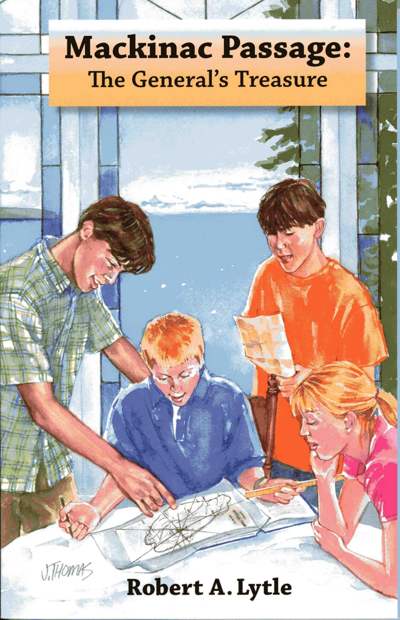 Teens examining a map by a window.
