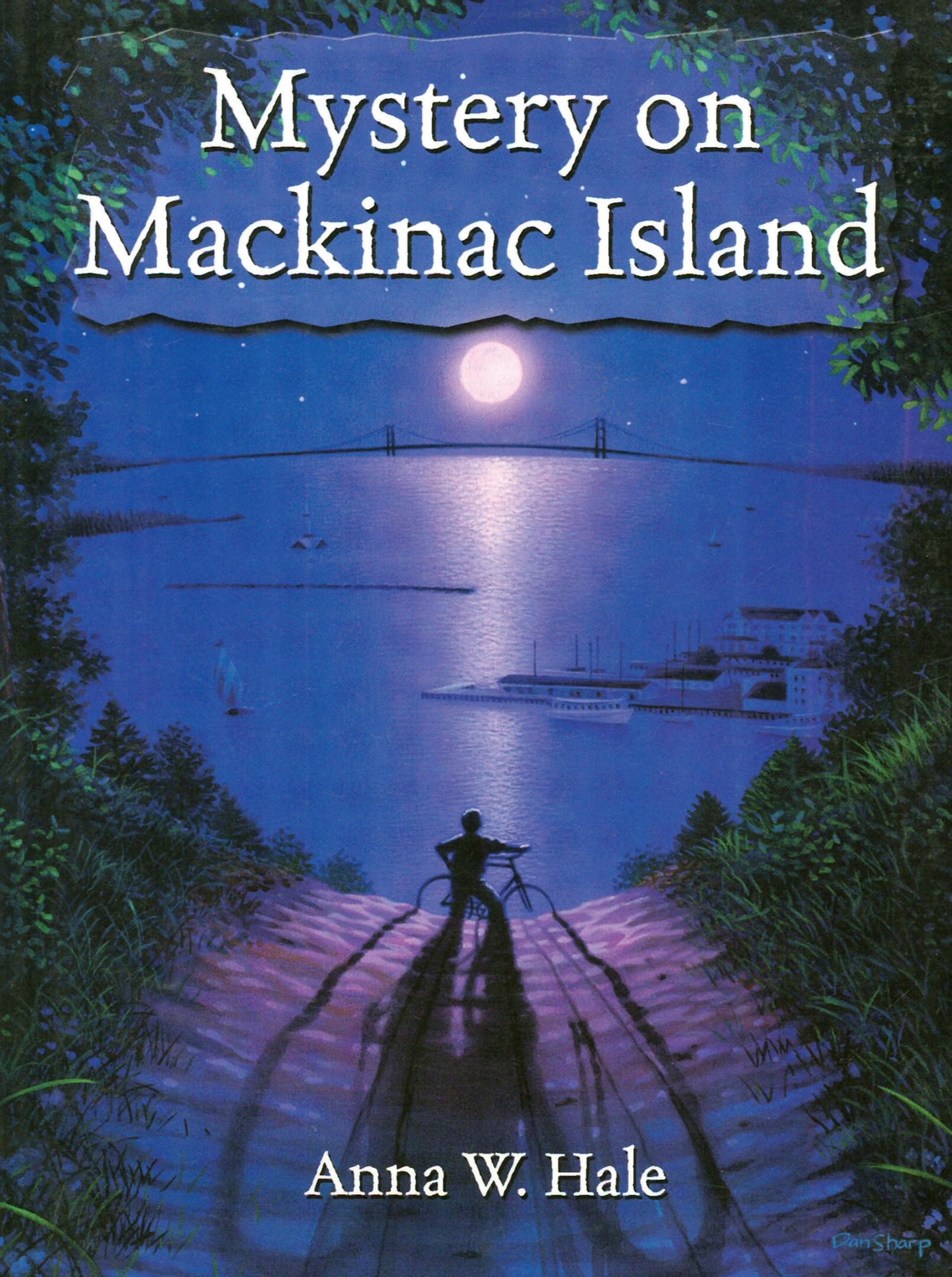 Book cover: "Mystery on Mackinac Island" nighttime scene.