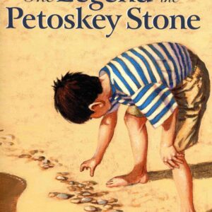 Child examining stones on a sandy beach.