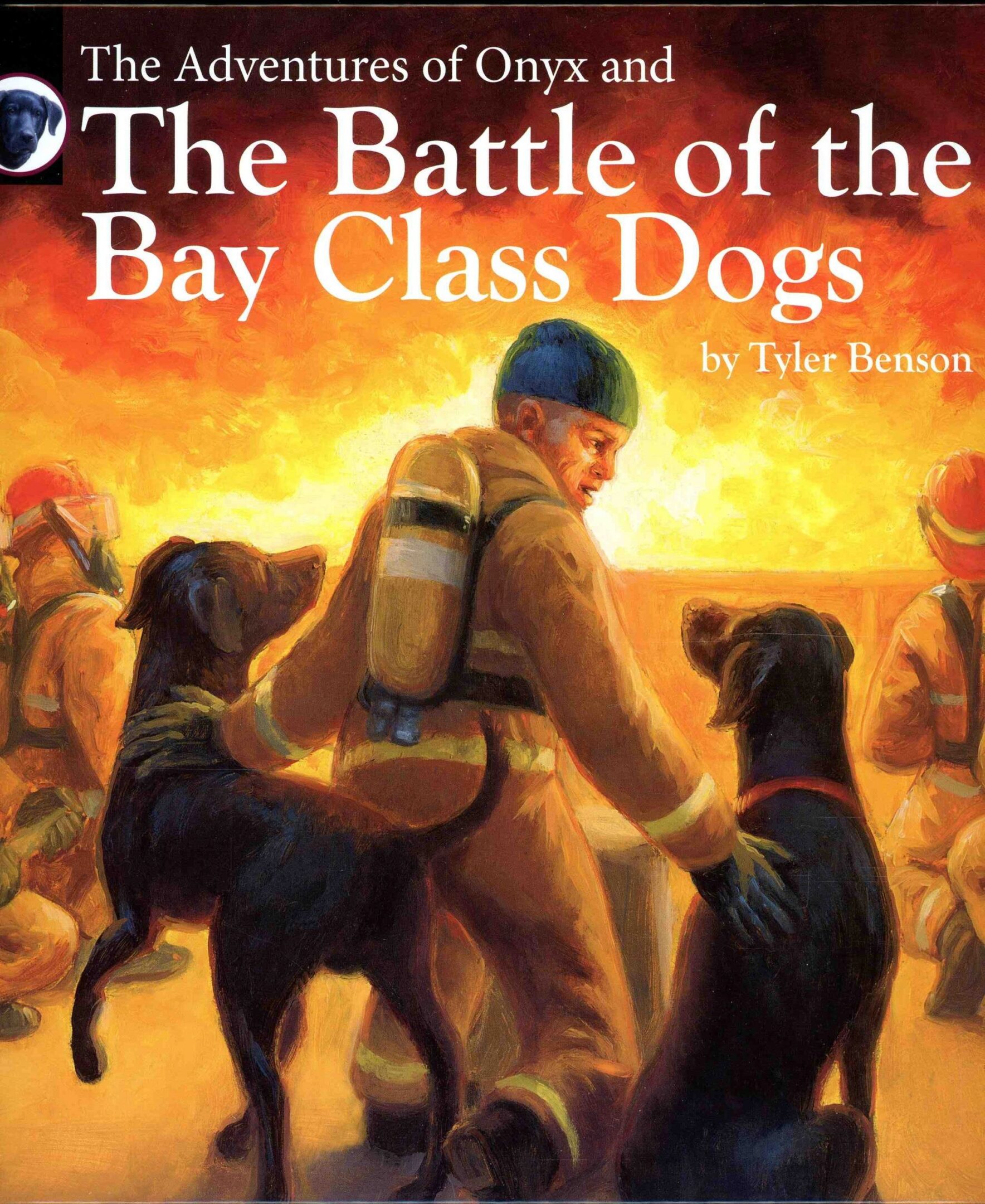 Firefighter with two dogs in action.