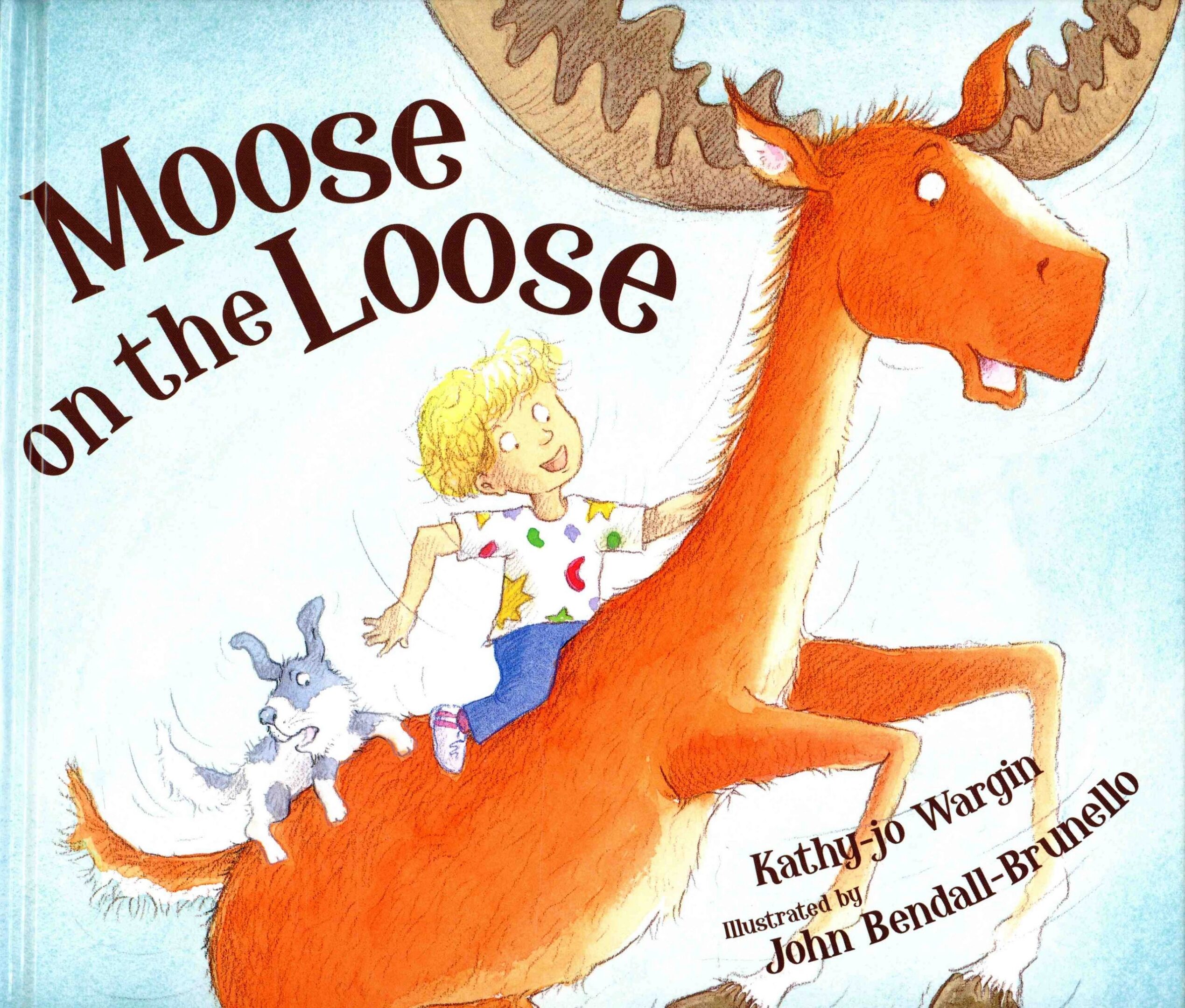 Child riding a moose with bunny.