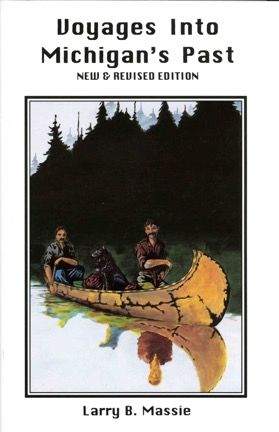 Two men and a dog in canoe.