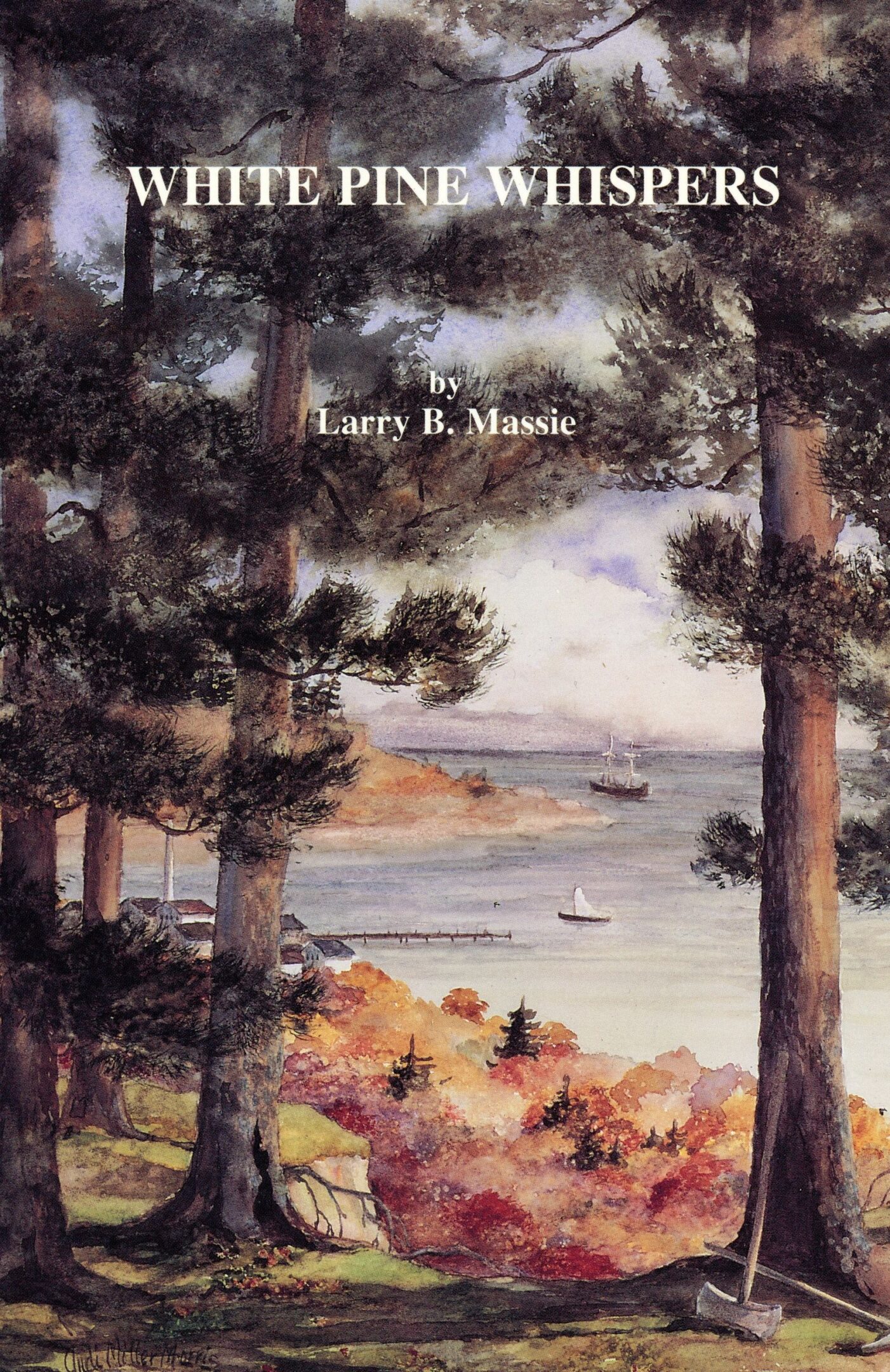 Book cover with trees and distant ships.