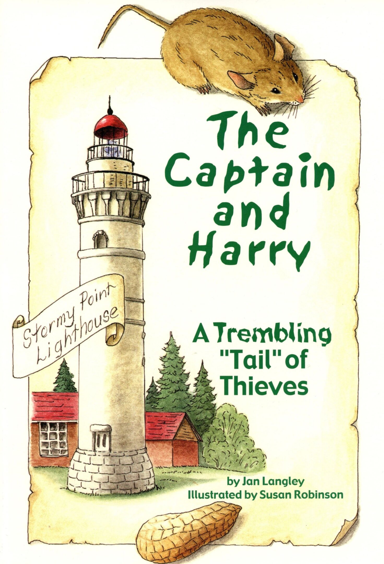 Mouse, lighthouse, trees, and book title.