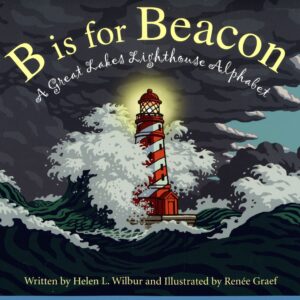 Lighthouse book cover with waves and clouds.