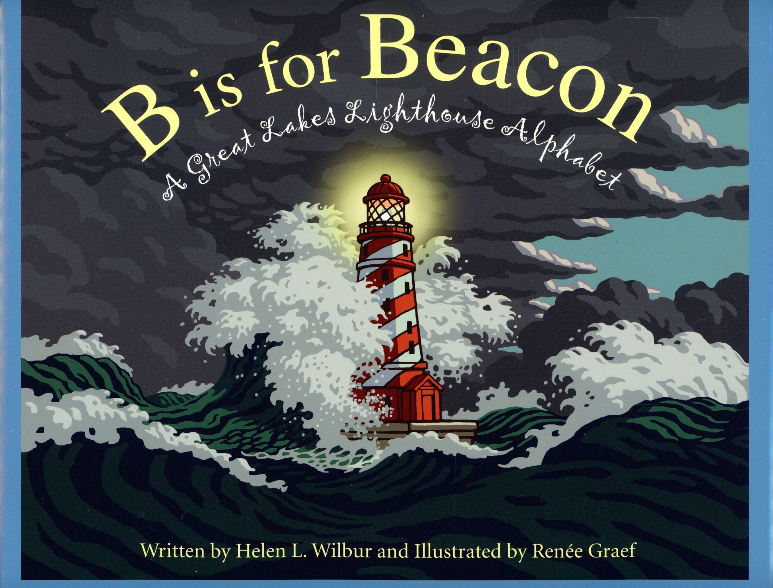 Lighthouse book cover with waves and clouds.