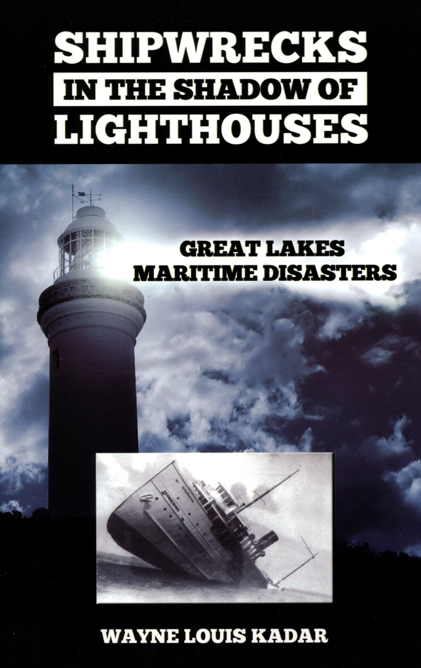 Book cover with lighthouse and shipwreck.