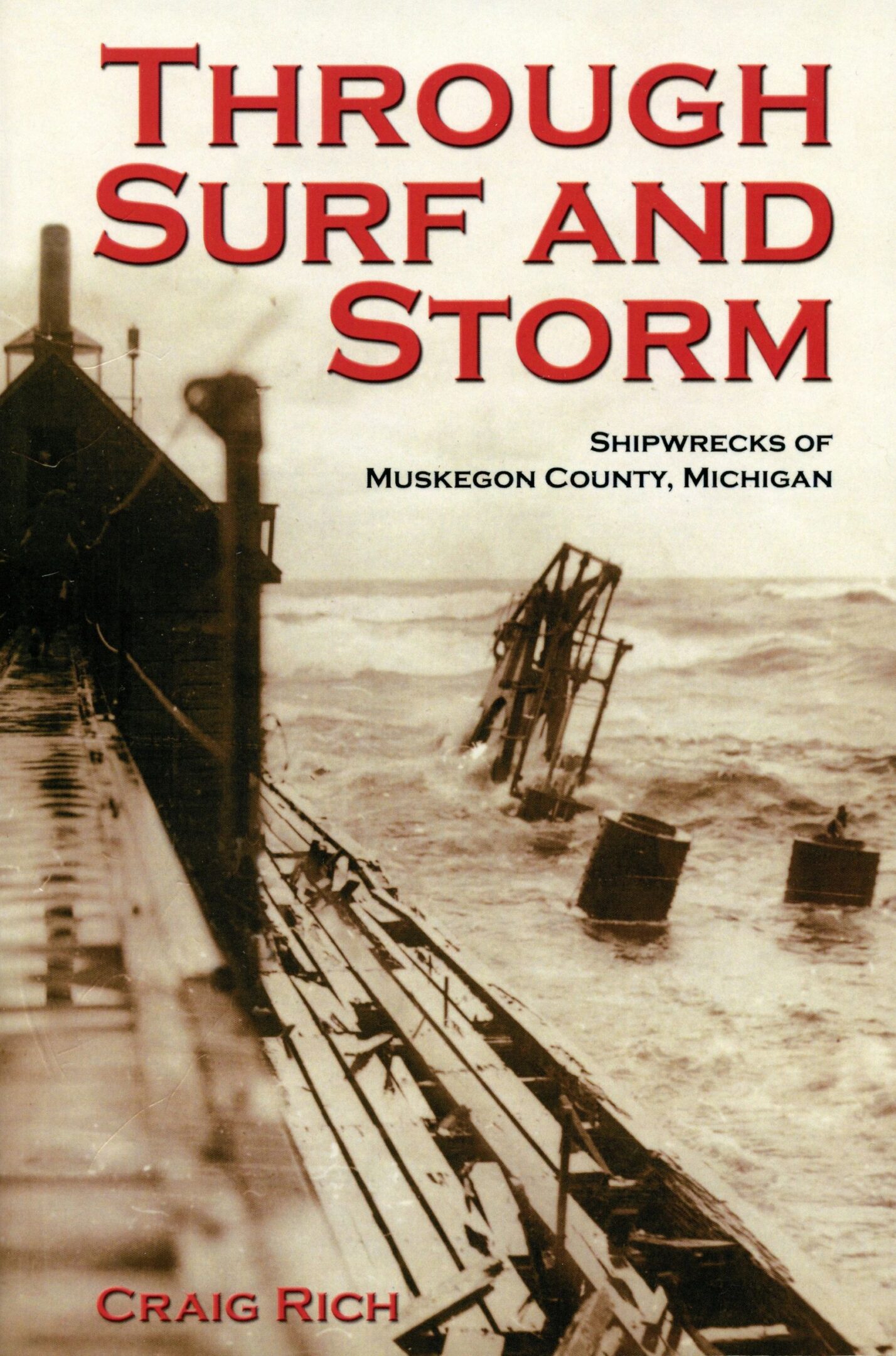 Book cover: "Through Surf and Storm" shipwreck theme.