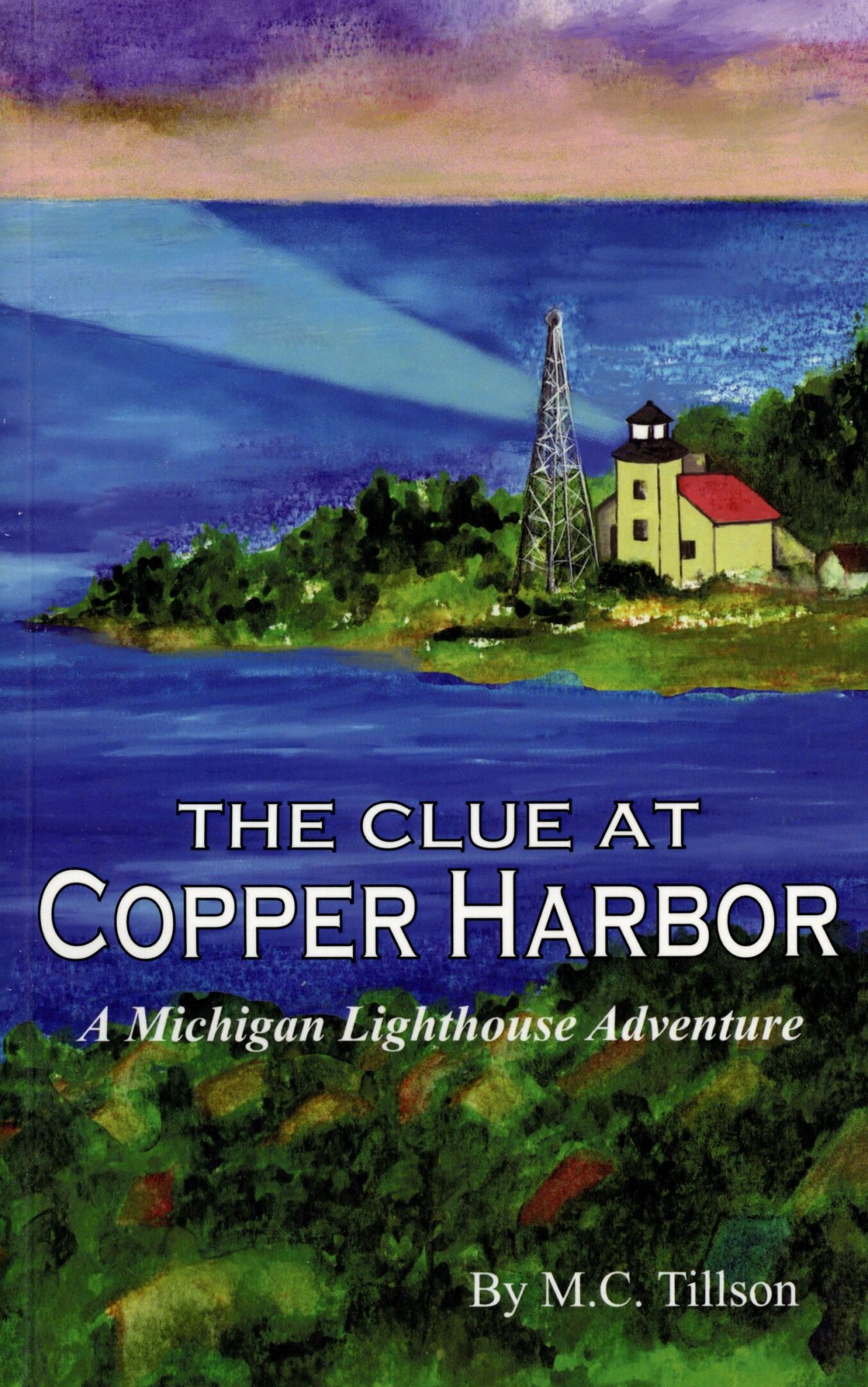 Book cover: lighthouse by water and trees.