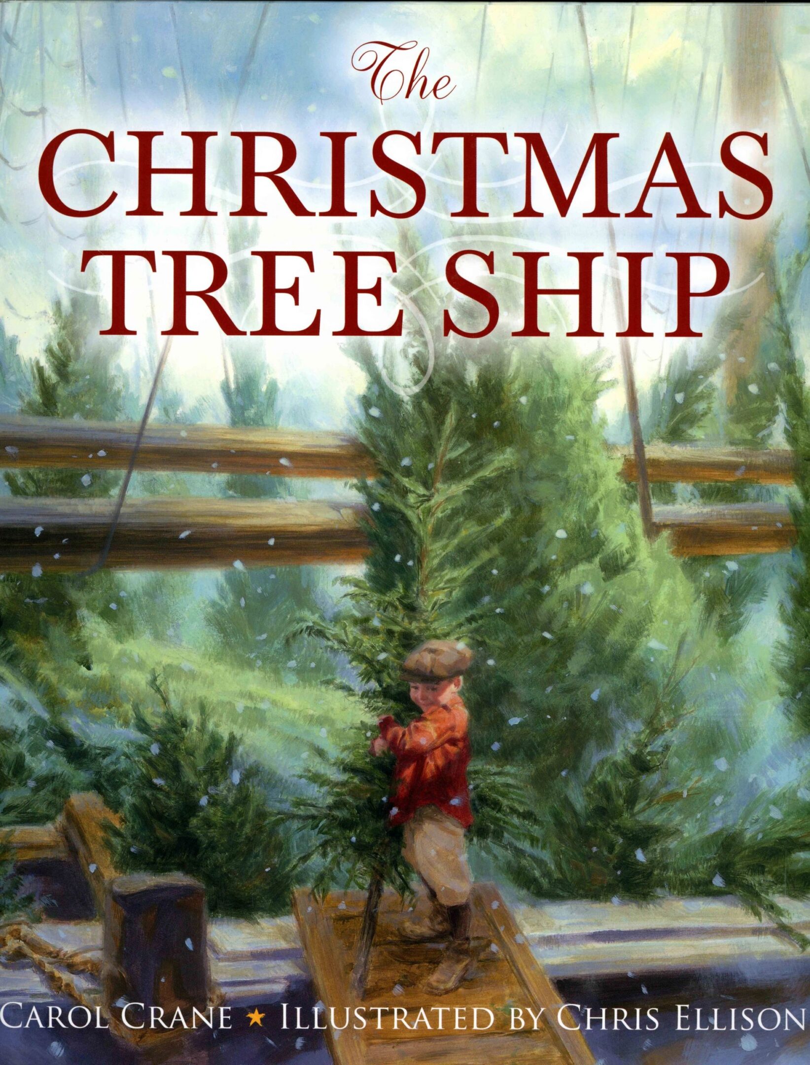 Child on ship with Christmas trees.