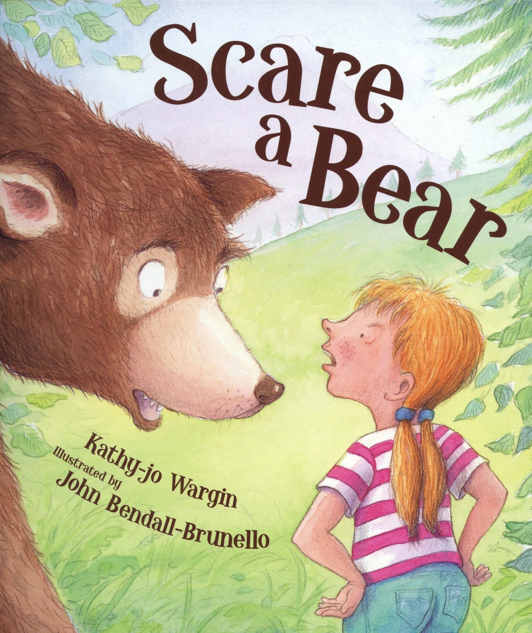 Girl facing bear in illustrated book cover.