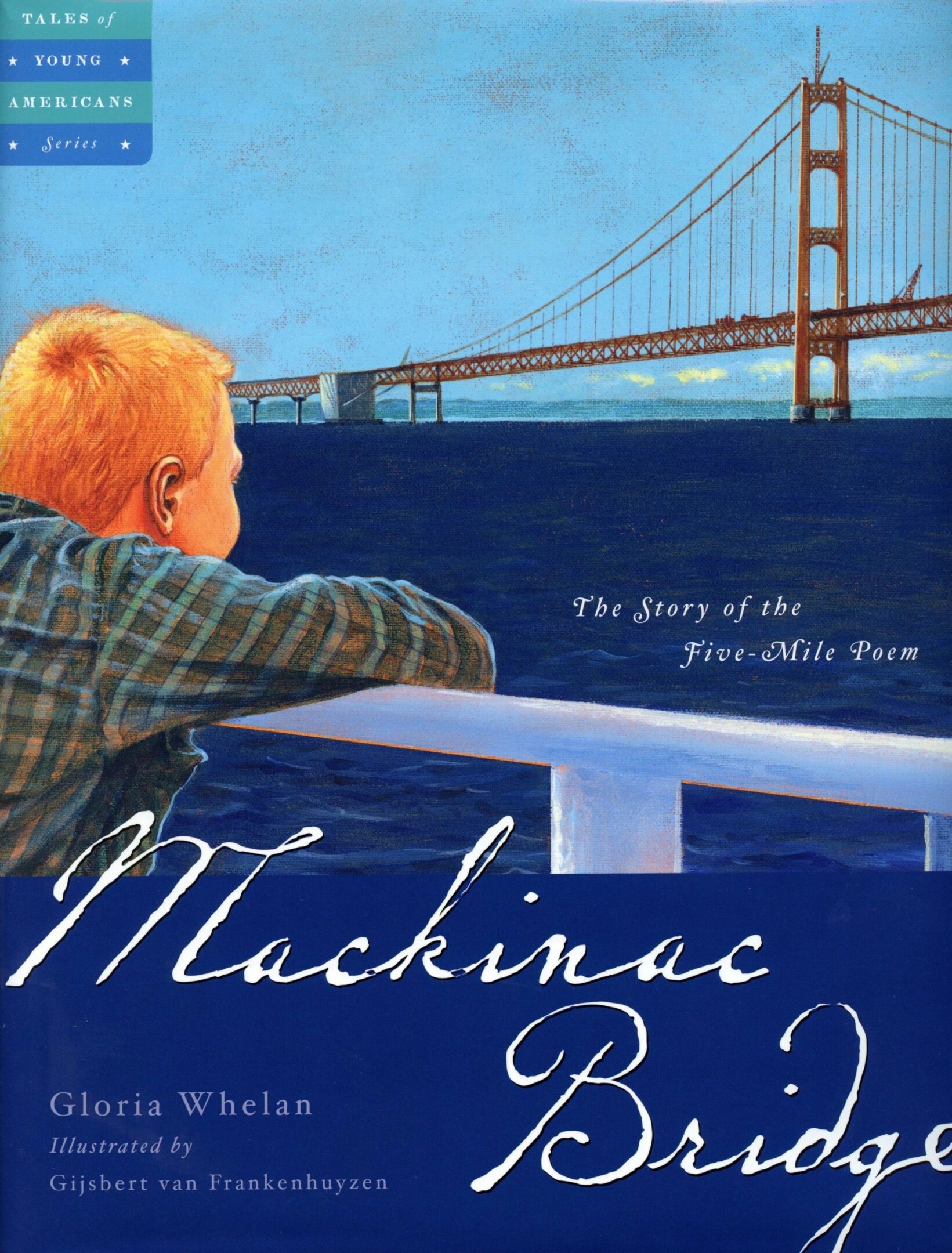 Boy looking at Mackinac Bridge illustration.
