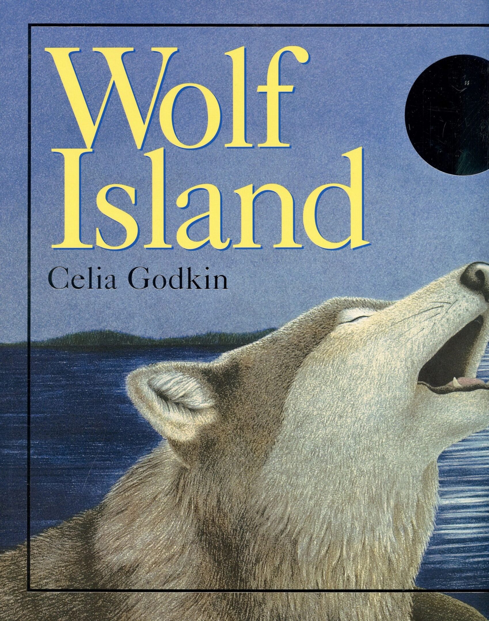 Wolf howling on book cover, "Wolf Island".