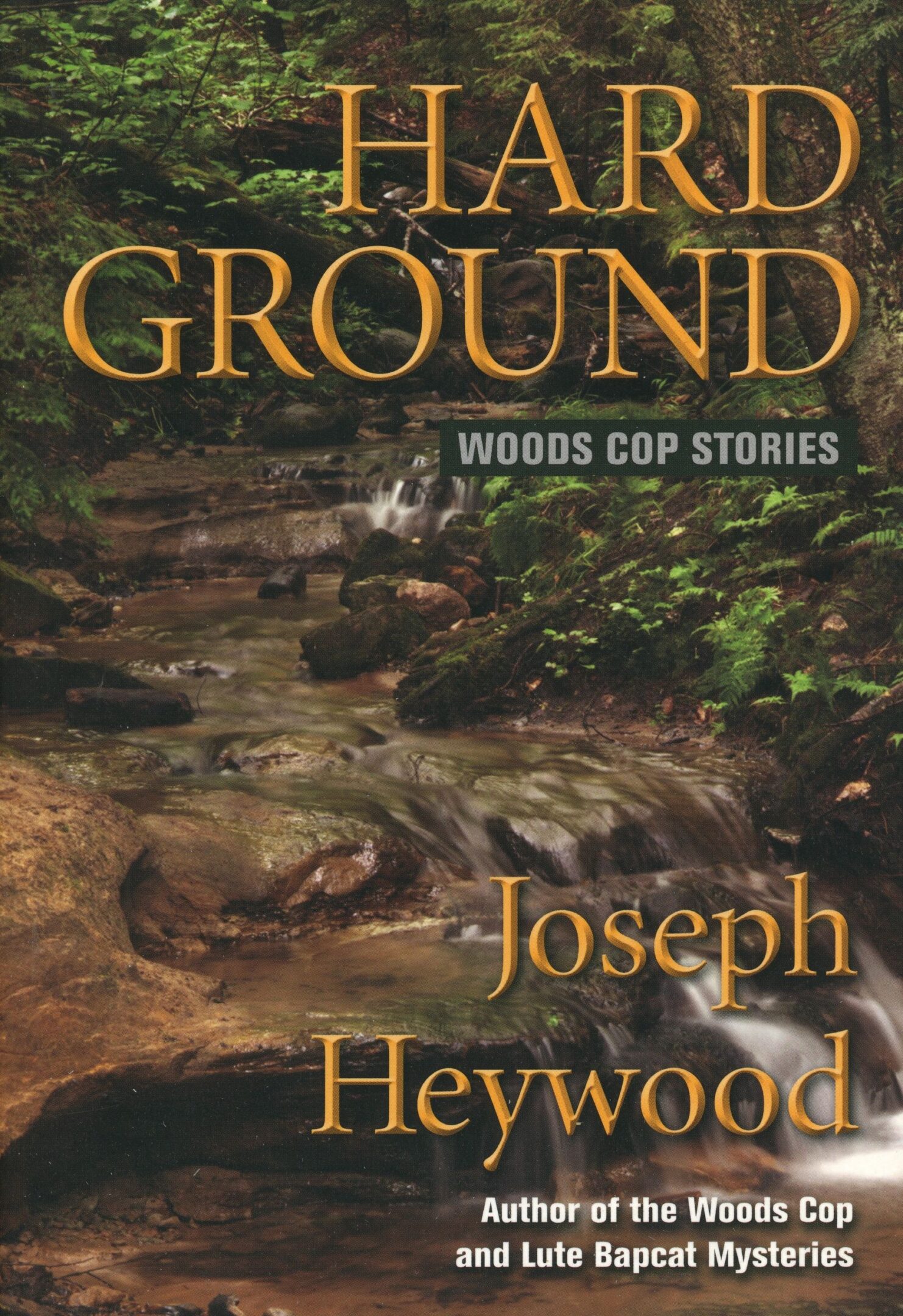 Forest stream with "Hard Ground" book cover.