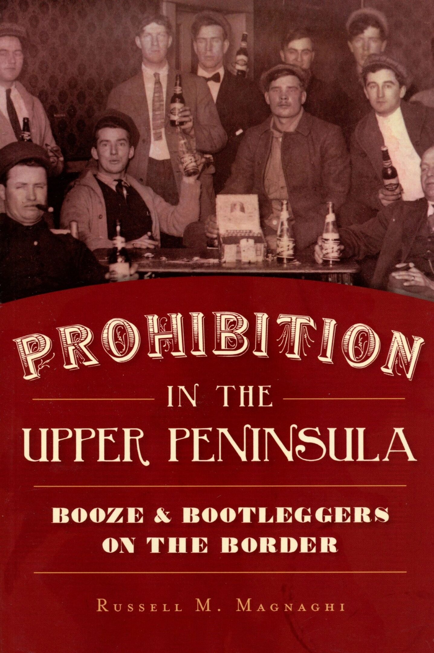Prohibition-era gathering with bootleggers and drinks.