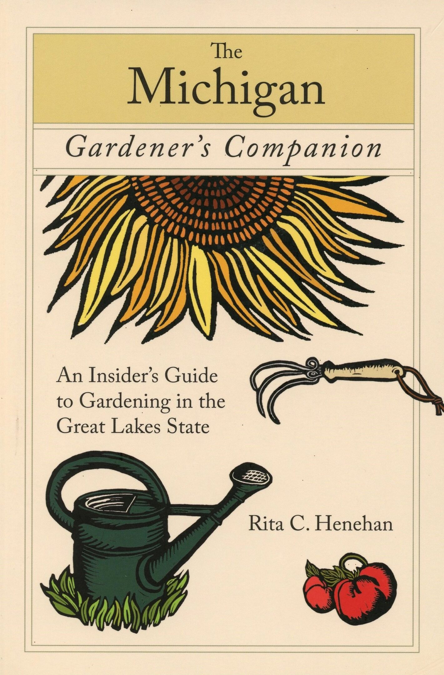 Book cover with gardening tools and sunflower.