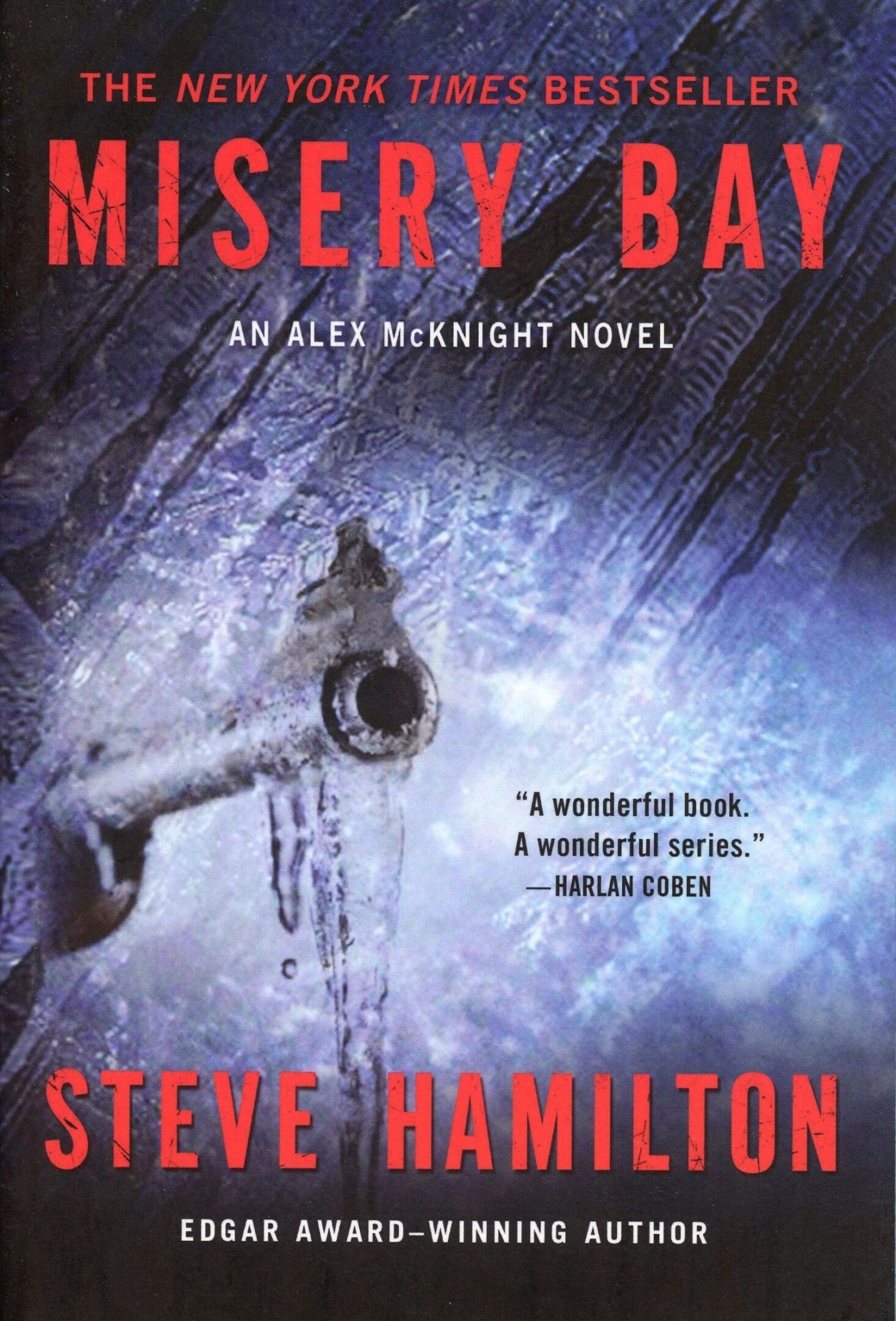 Misery Bay book cover with icy background.