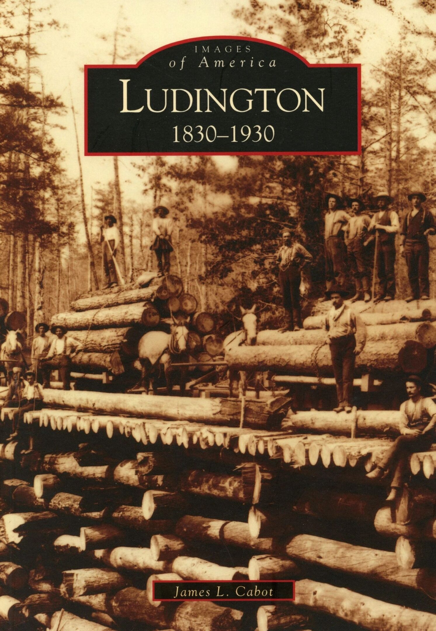 Lumberjacks stacking logs in Ludington forest.