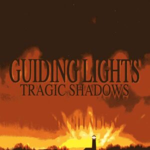Book cover with lighthouse silhouette and sunset.