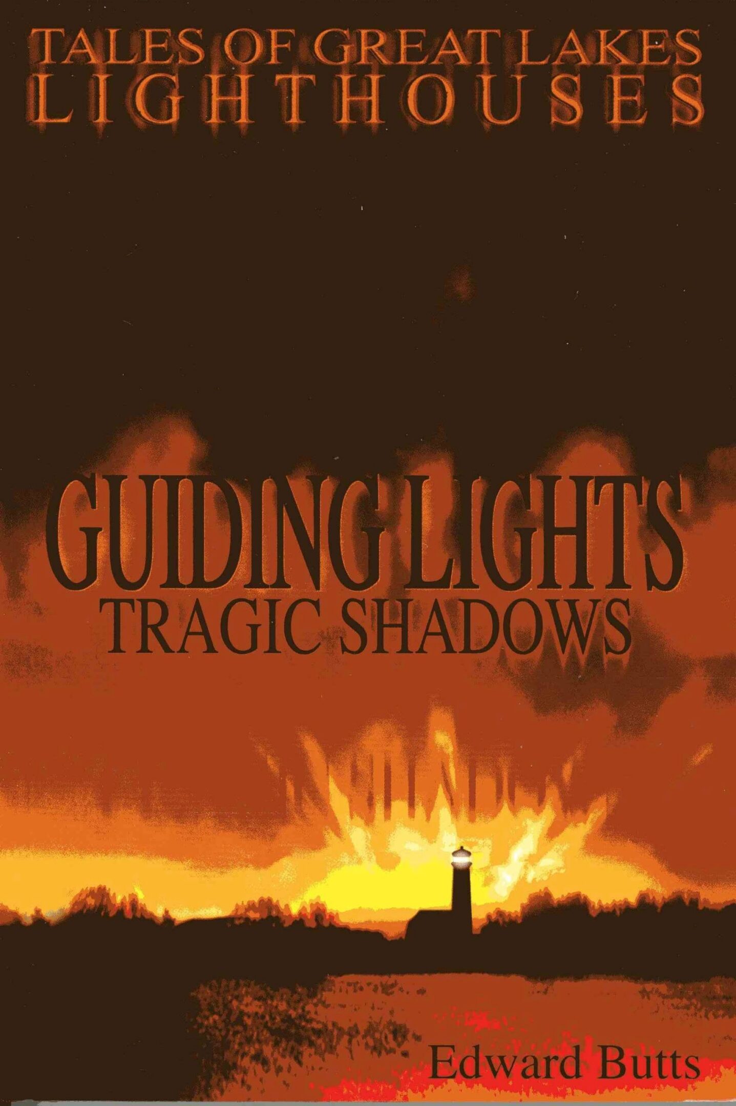 Book cover with lighthouse silhouette and sunset.