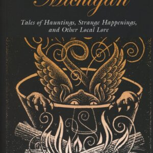 Book cover: "Spooky Michigan" with cauldron illustration.