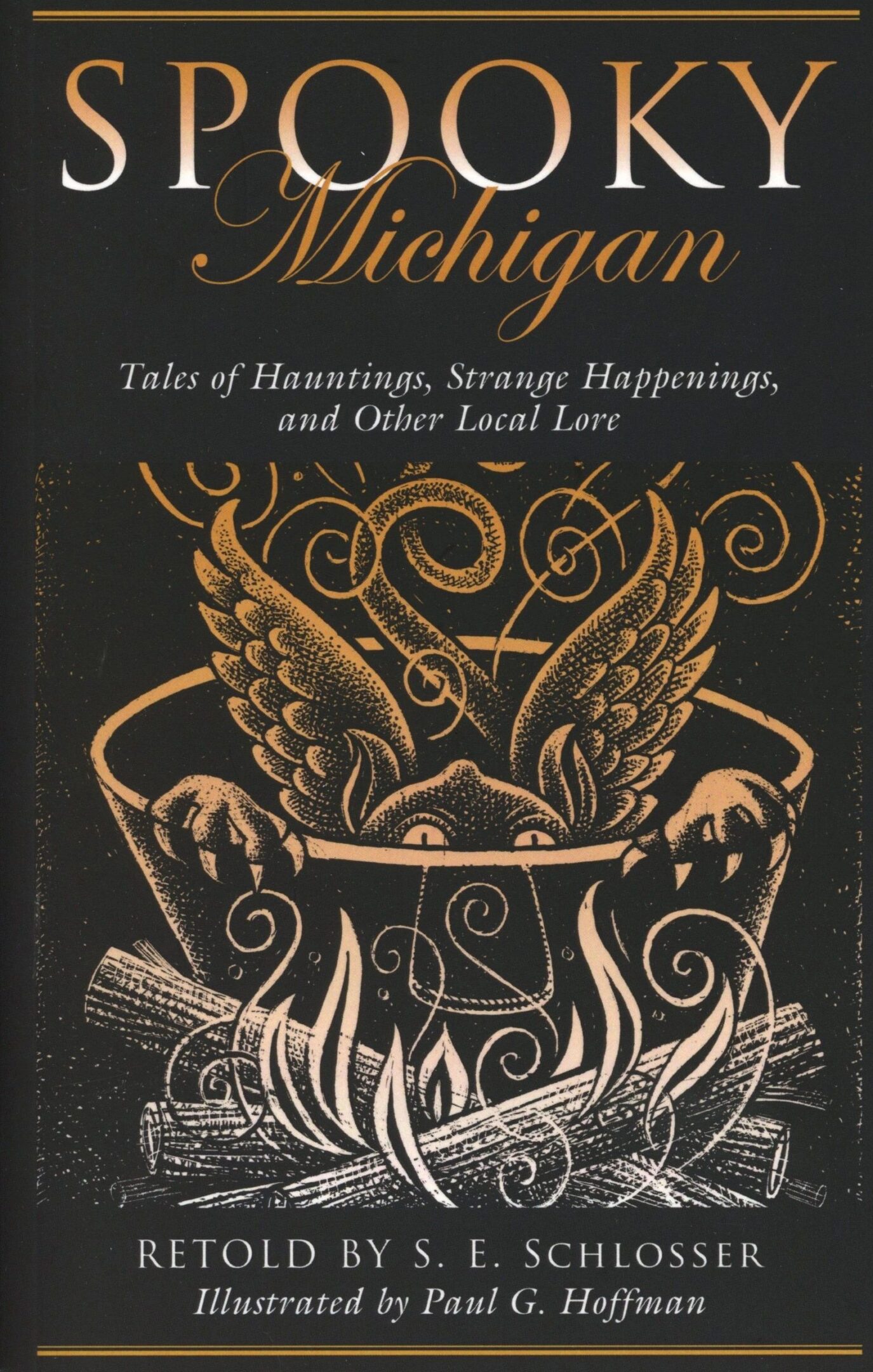 Book cover: "Spooky Michigan" with cauldron illustration.