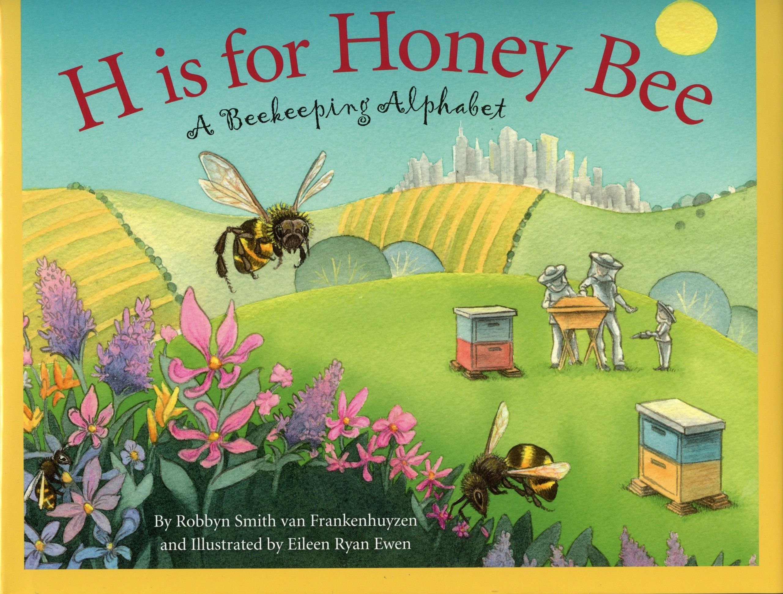 Children's book cover with bees and hives.