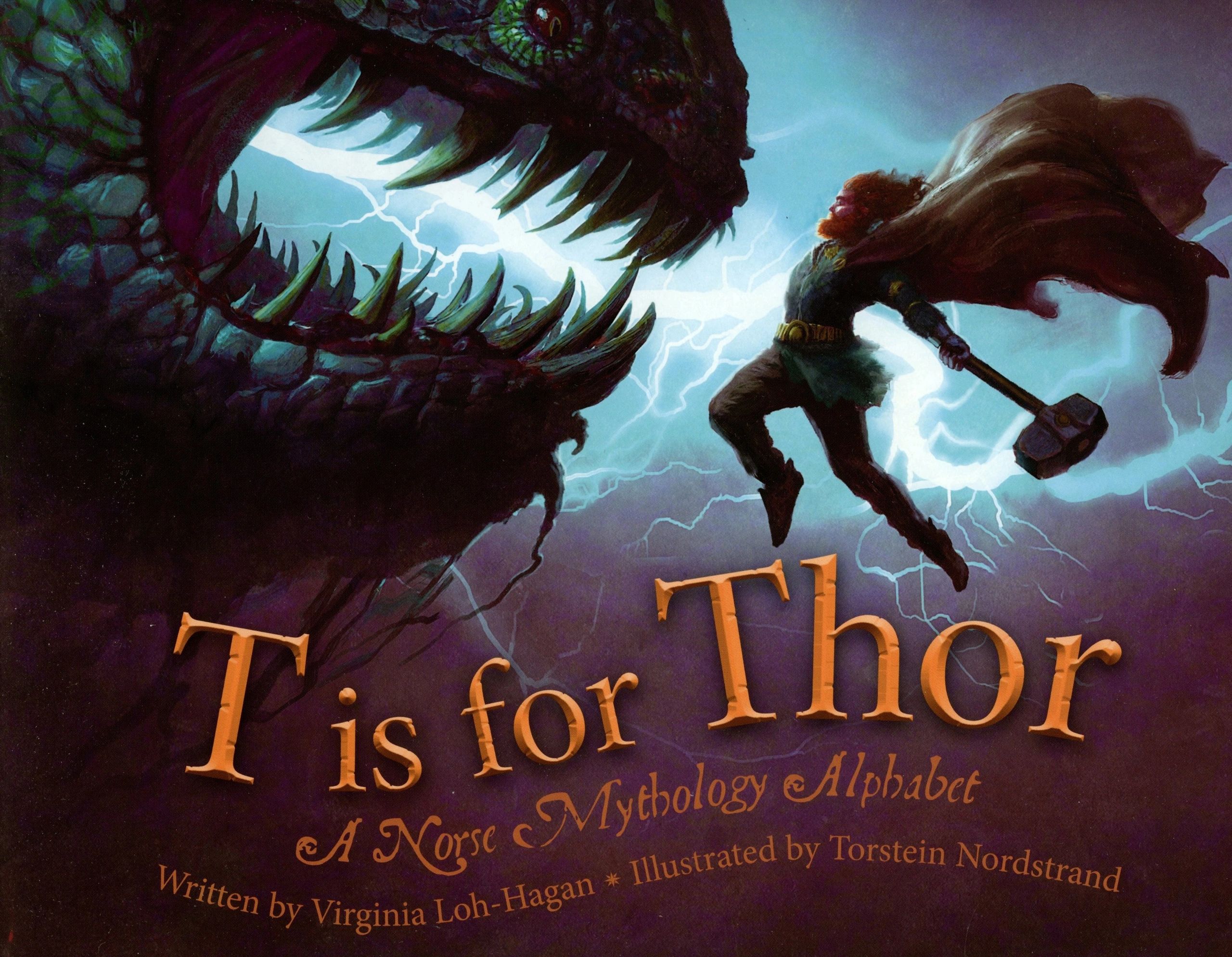 Thor battling serpent, Norse mythology book cover.