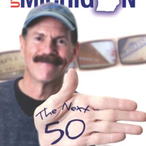 Man holding out hand with "The Next 50.
