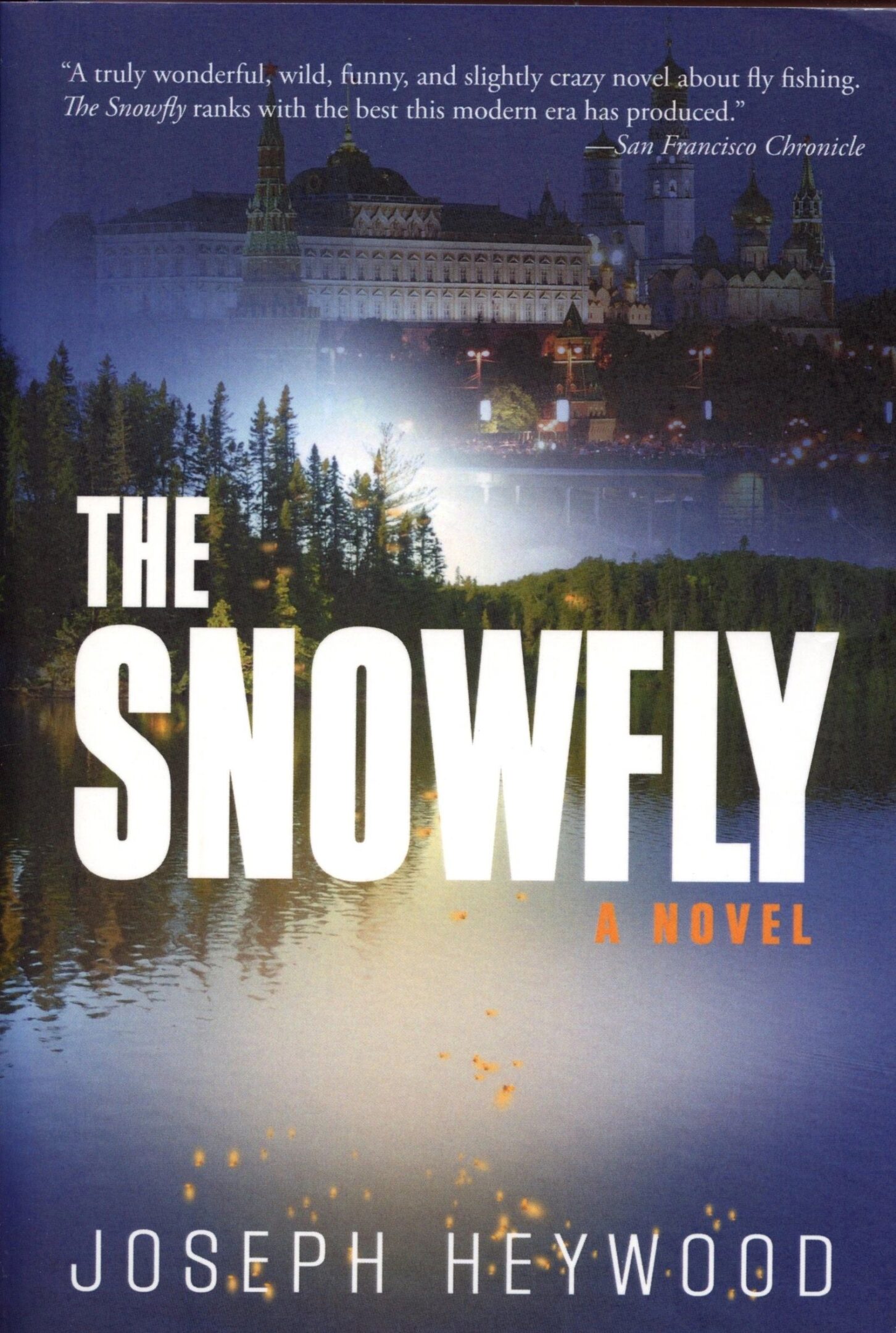 The Snowfly" novel cover with lake scene.