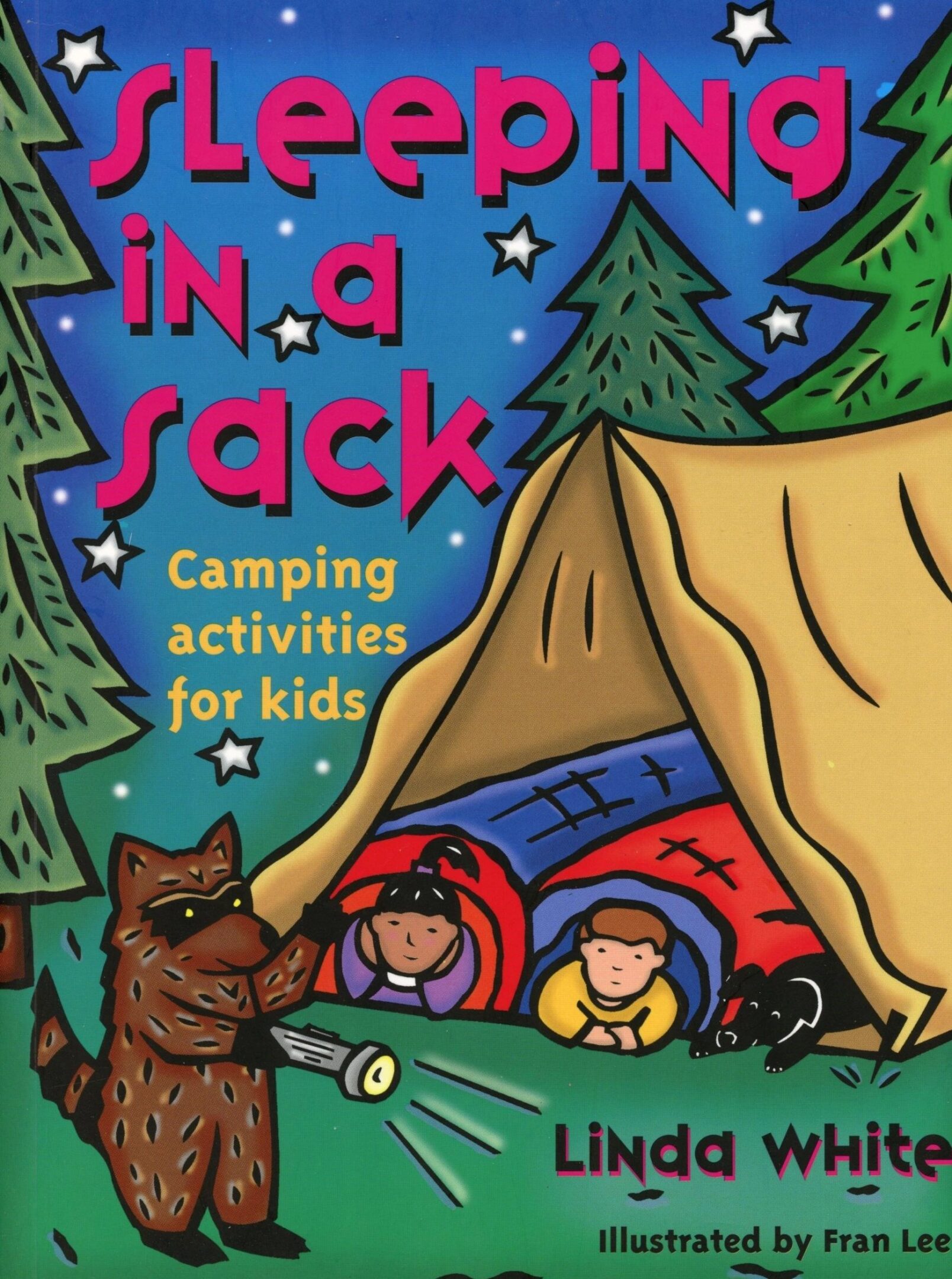 Children camping with raccoon and flashlights.