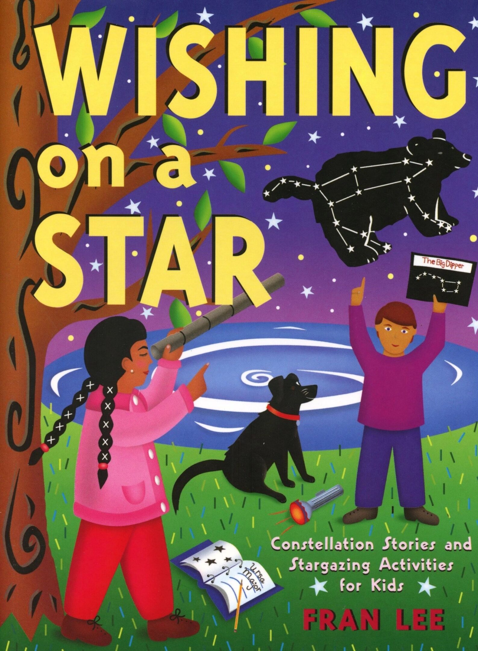 Children stargazing with a telescope and dog.