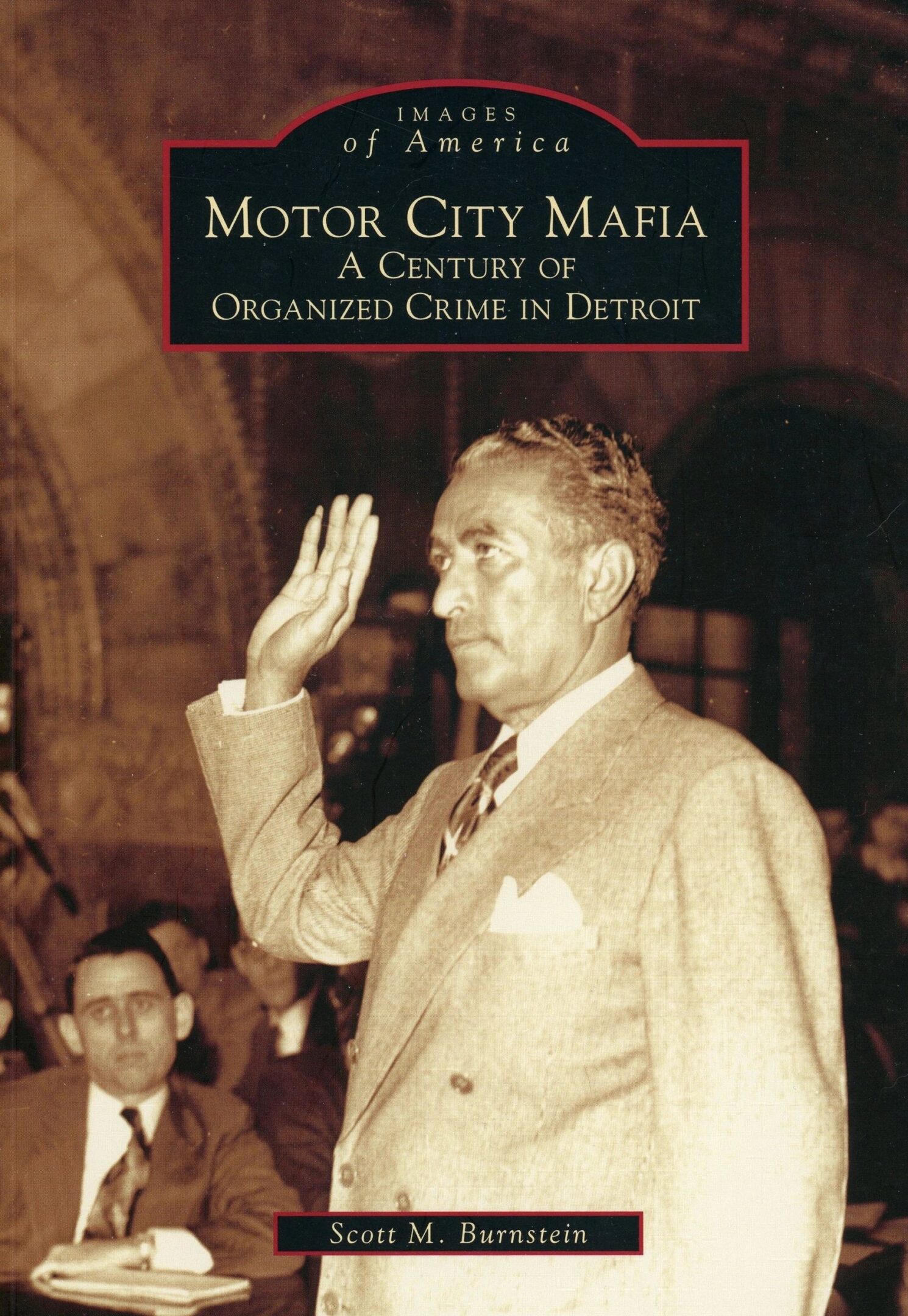 Man raising hand in courtroom, sepia-toned.