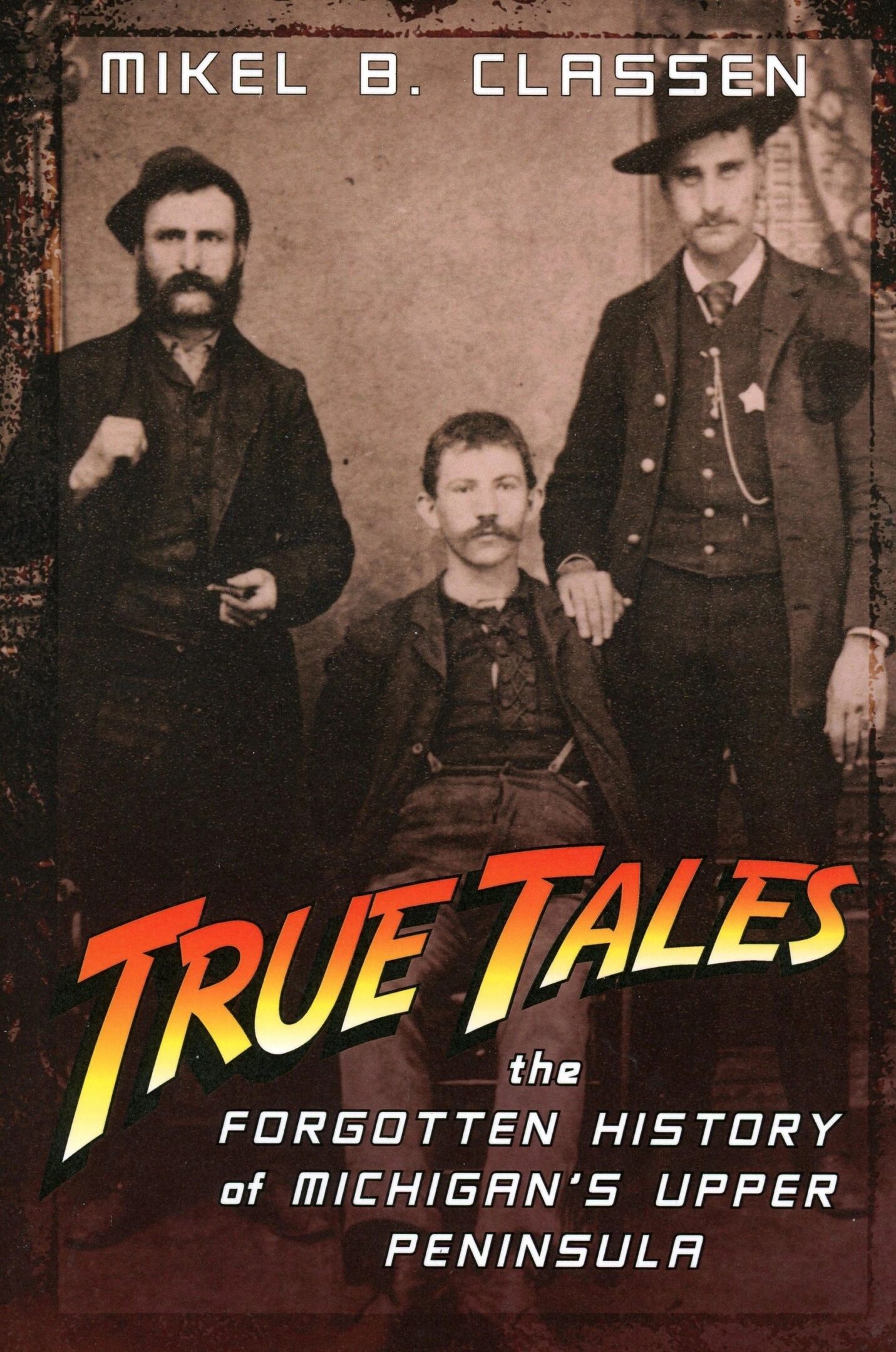Three men on vintage book cover.