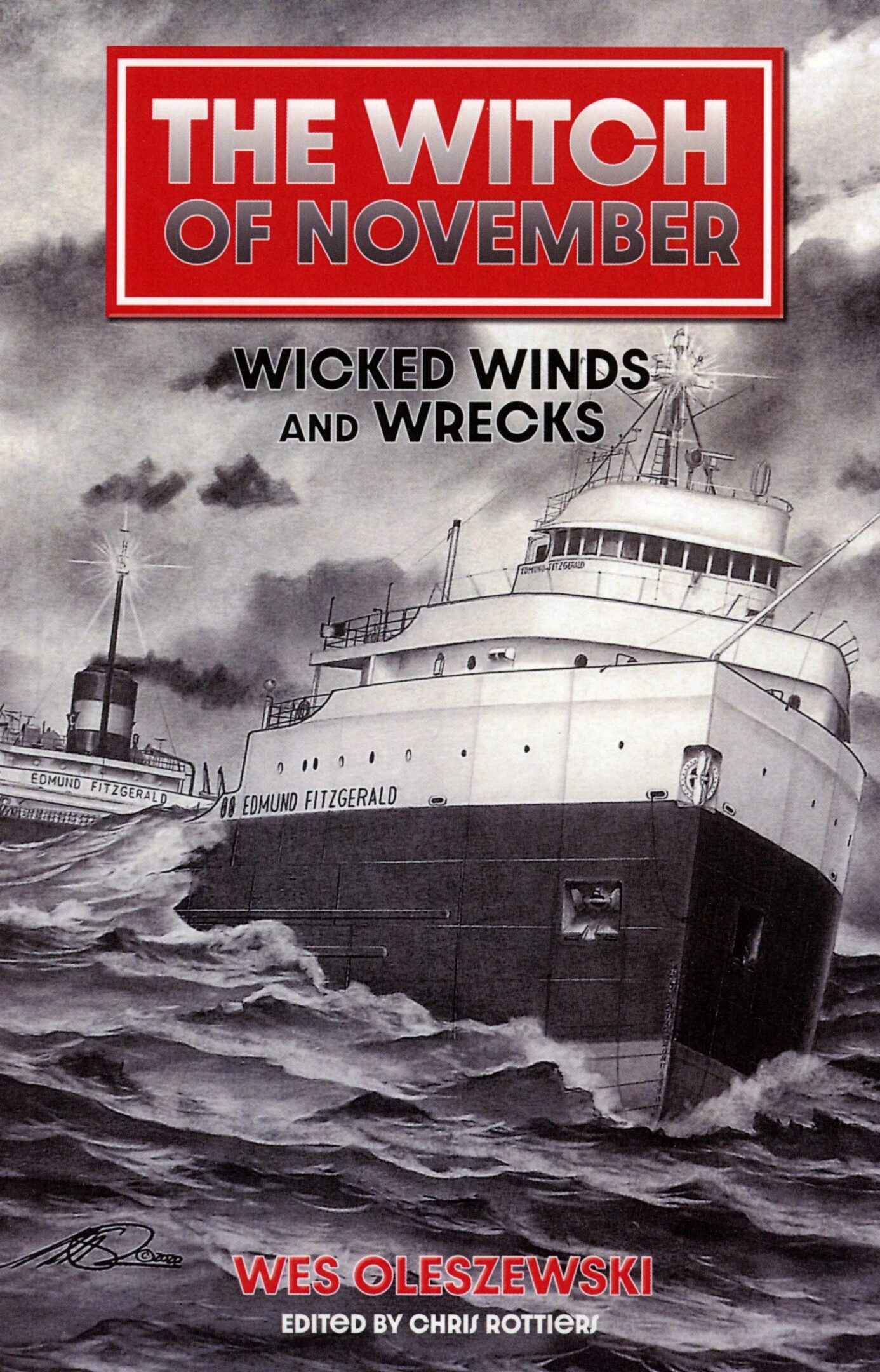 Ship in stormy sea, book cover art.