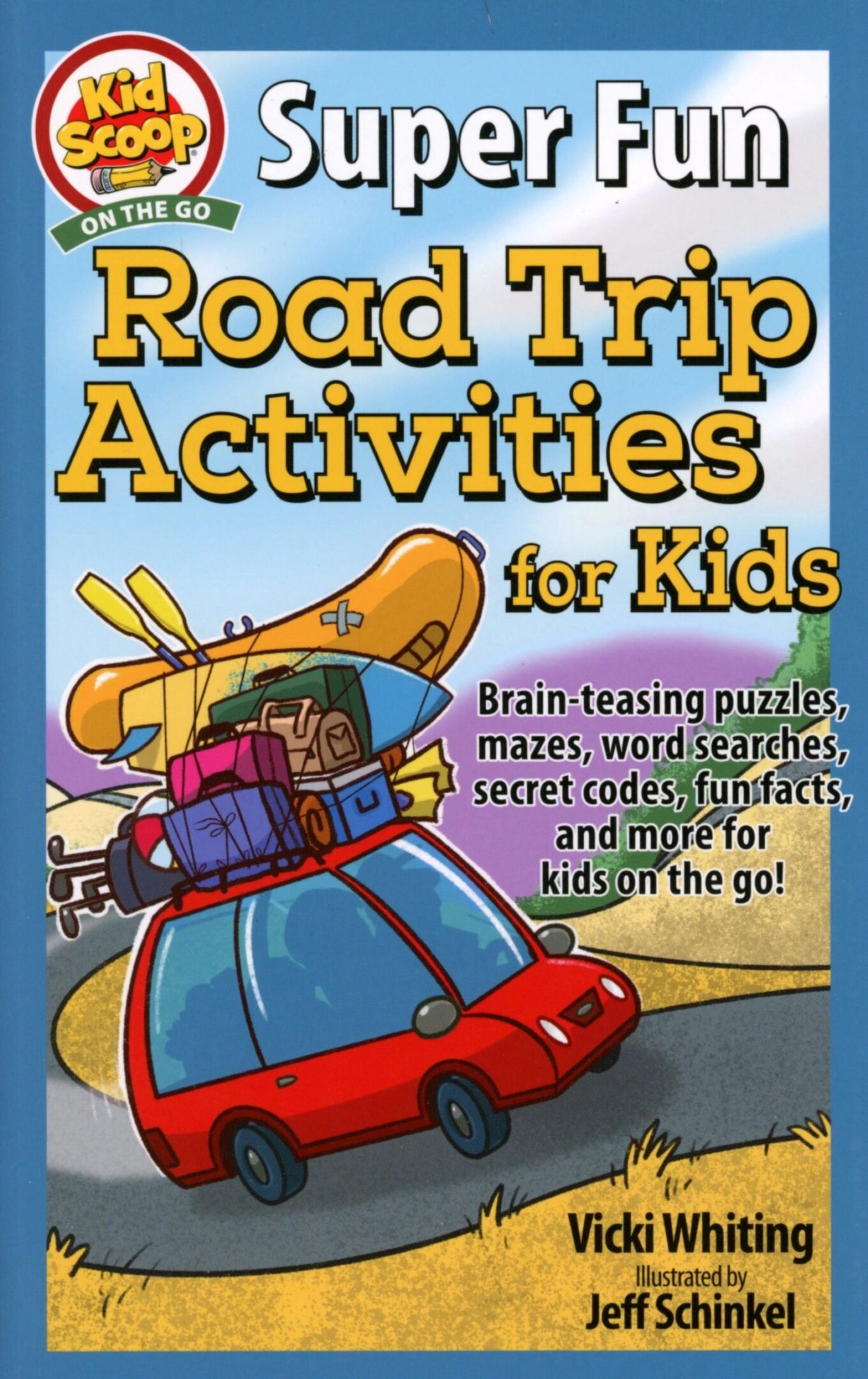 Kids' road trip activity book cover illustration.