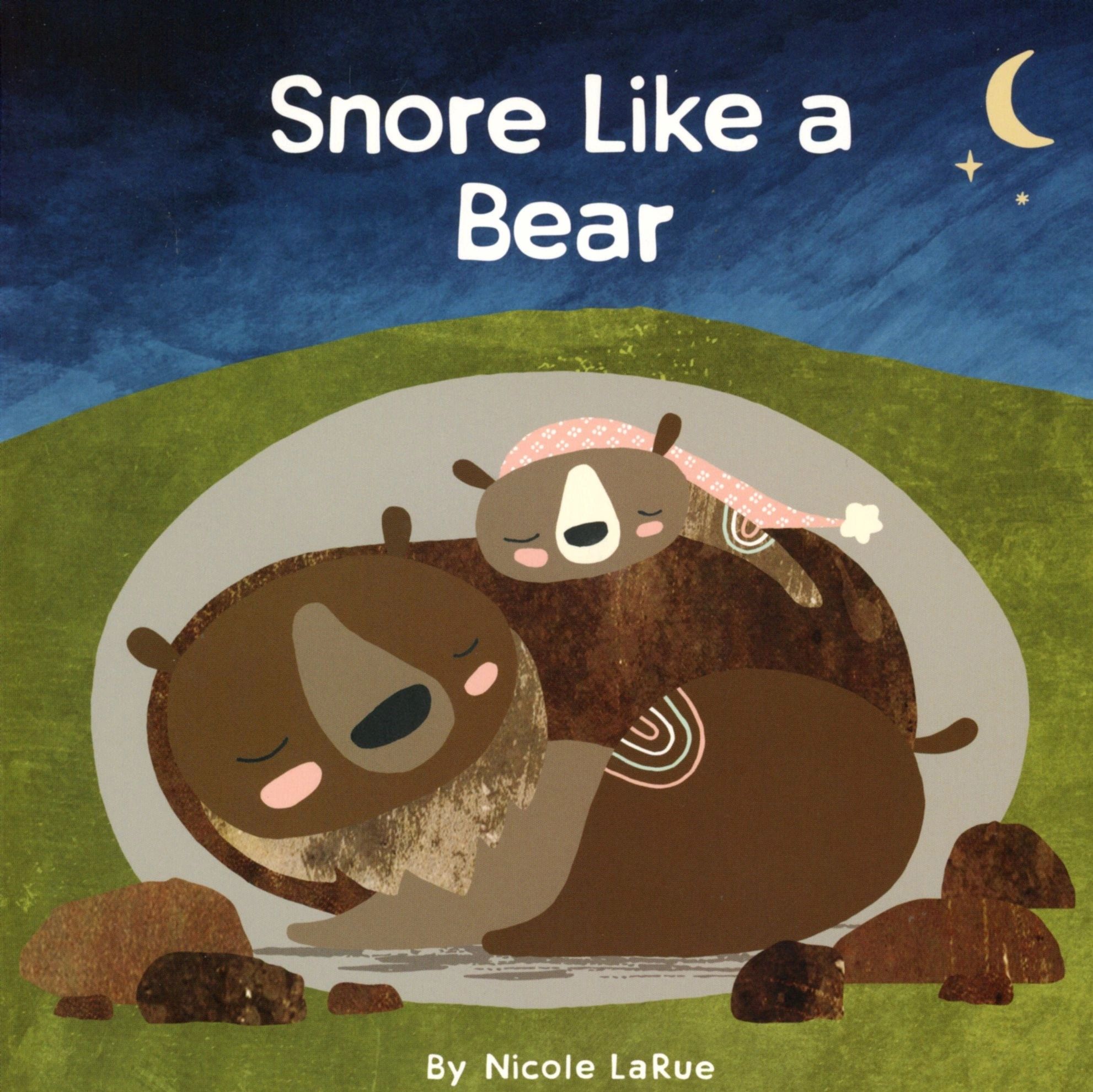 Sleeping bears under night sky illustration.