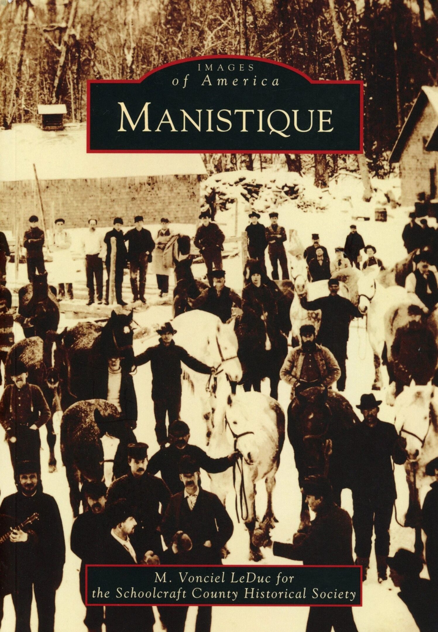 Historic photo of people and horses, Manistique.