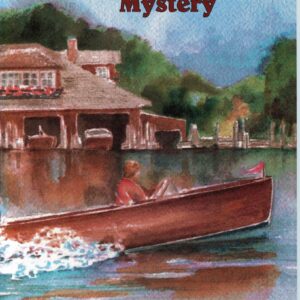 Boathouse scene with red motorboat on water.