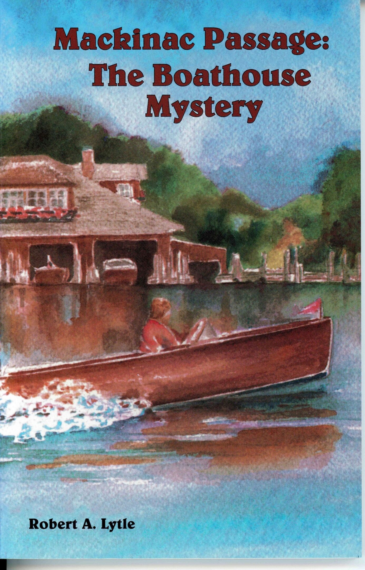 Boathouse scene with red motorboat on water.