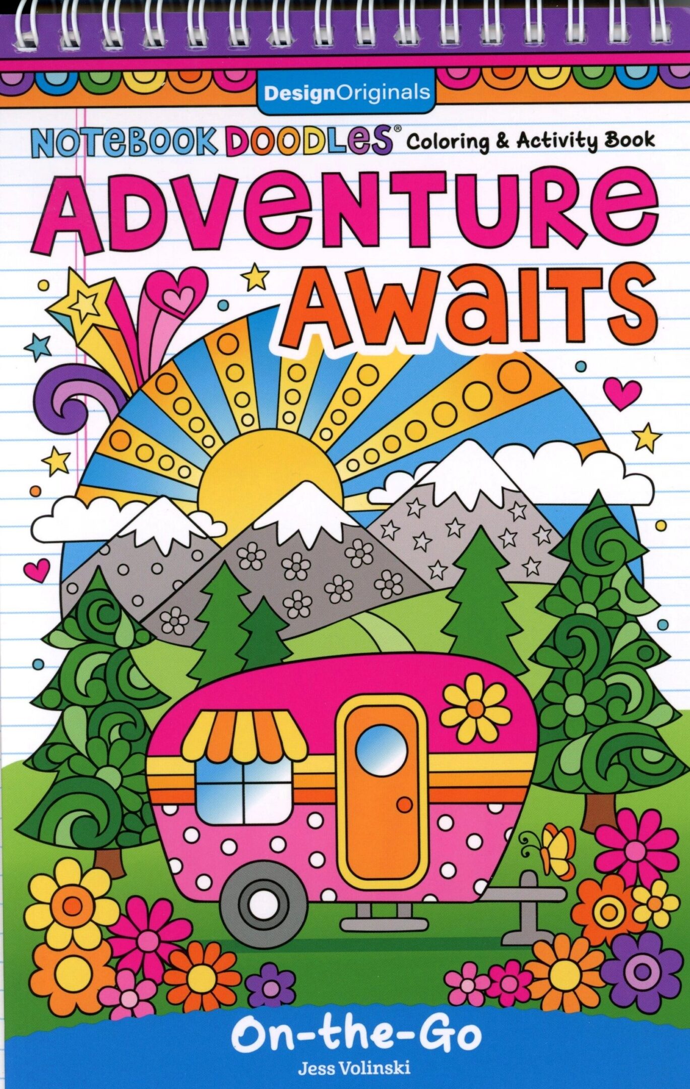Colorful adventure-themed coloring book cover design.