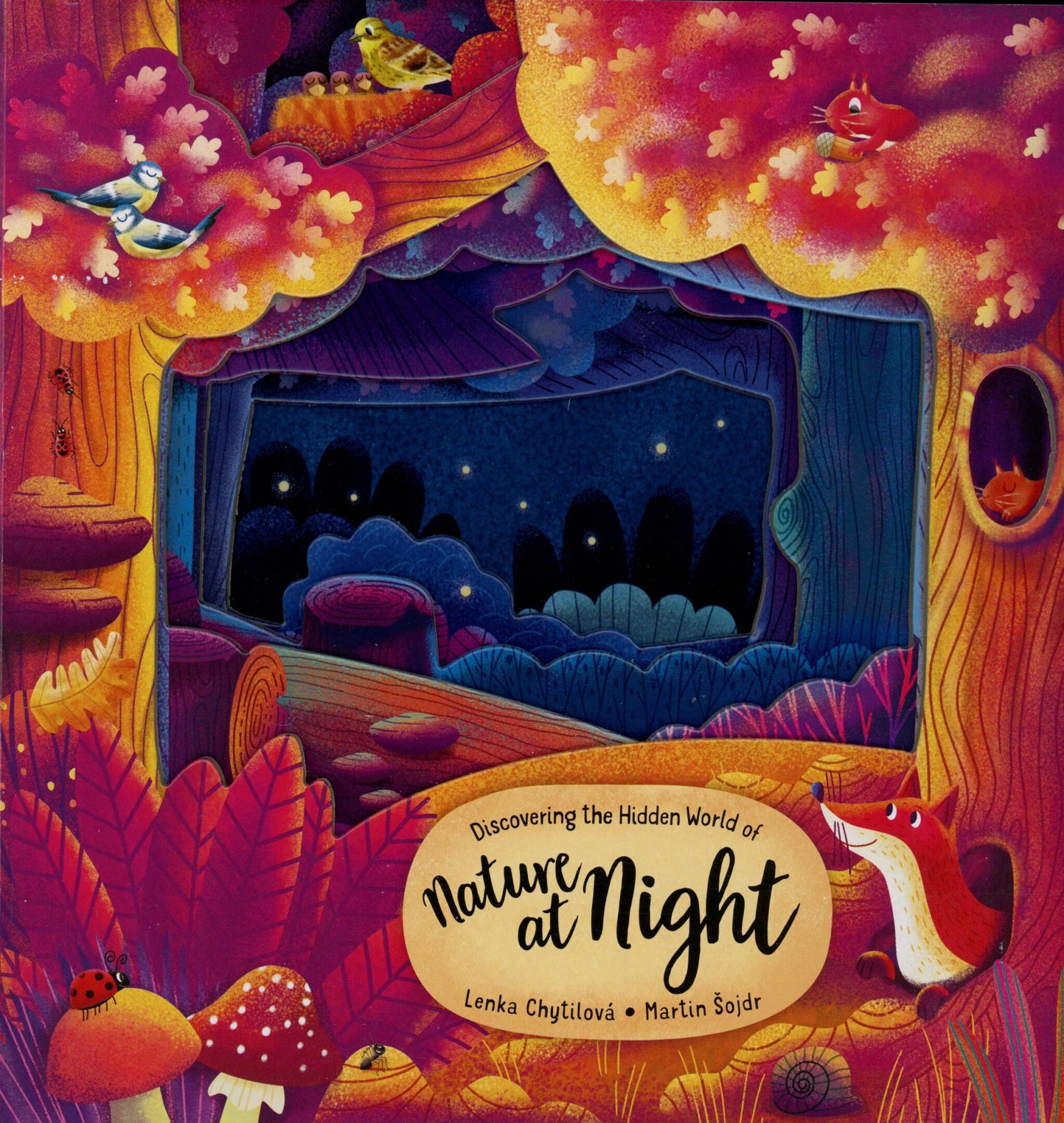 Colorful forest with animals at night.
