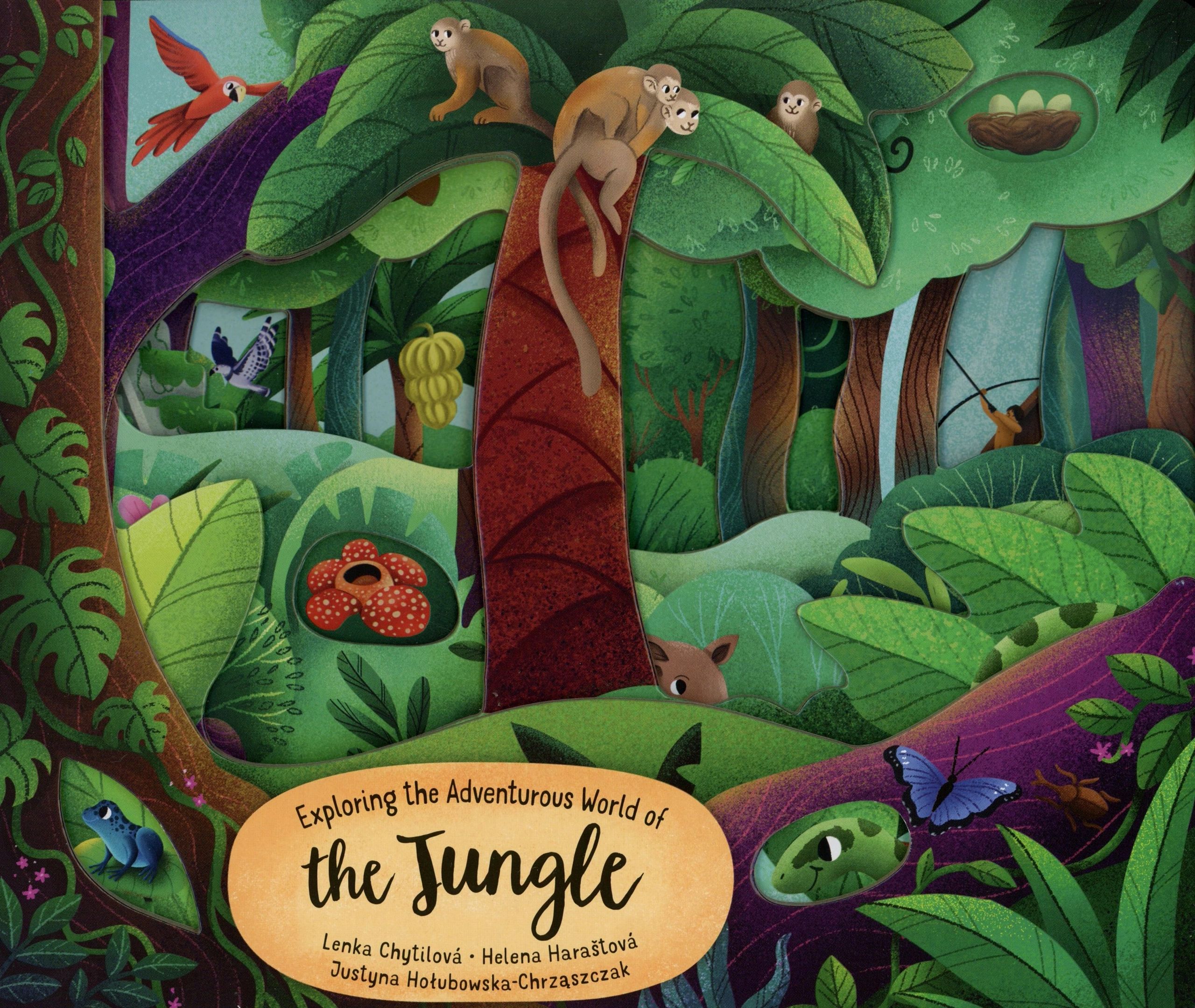 Illustrated jungle scene with various animals.