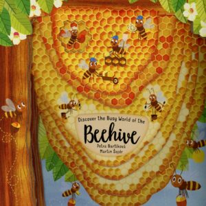 Illustrated beehive with bees and honeycomb.