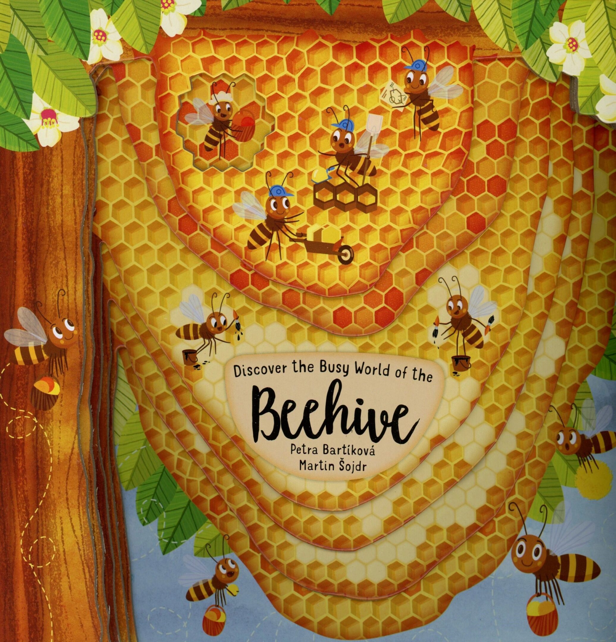 Illustrated beehive with bees and honeycomb.