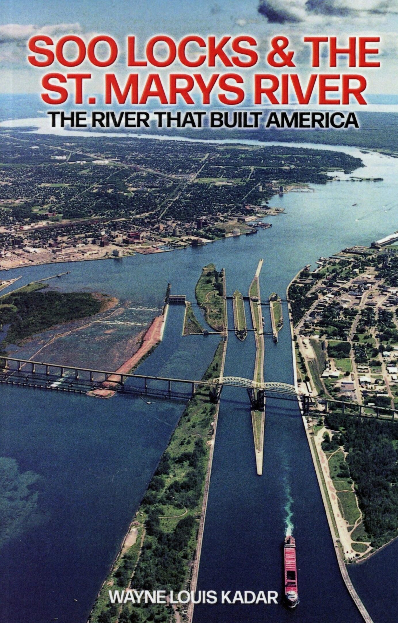 Aerial view of Soo Locks and river.