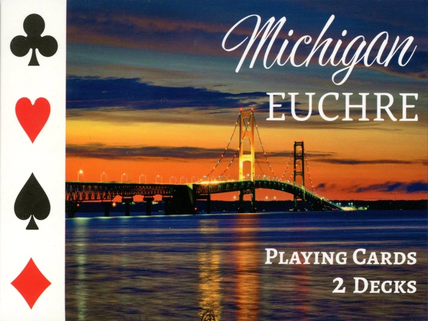 Michigan Euchre playing cards with bridge background.